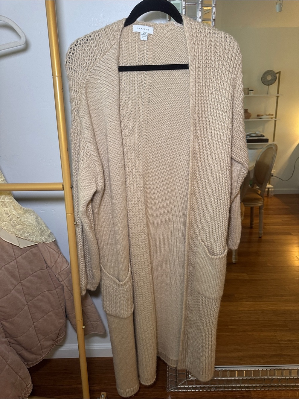 Topshop Beige Open Knit Long Cardigan